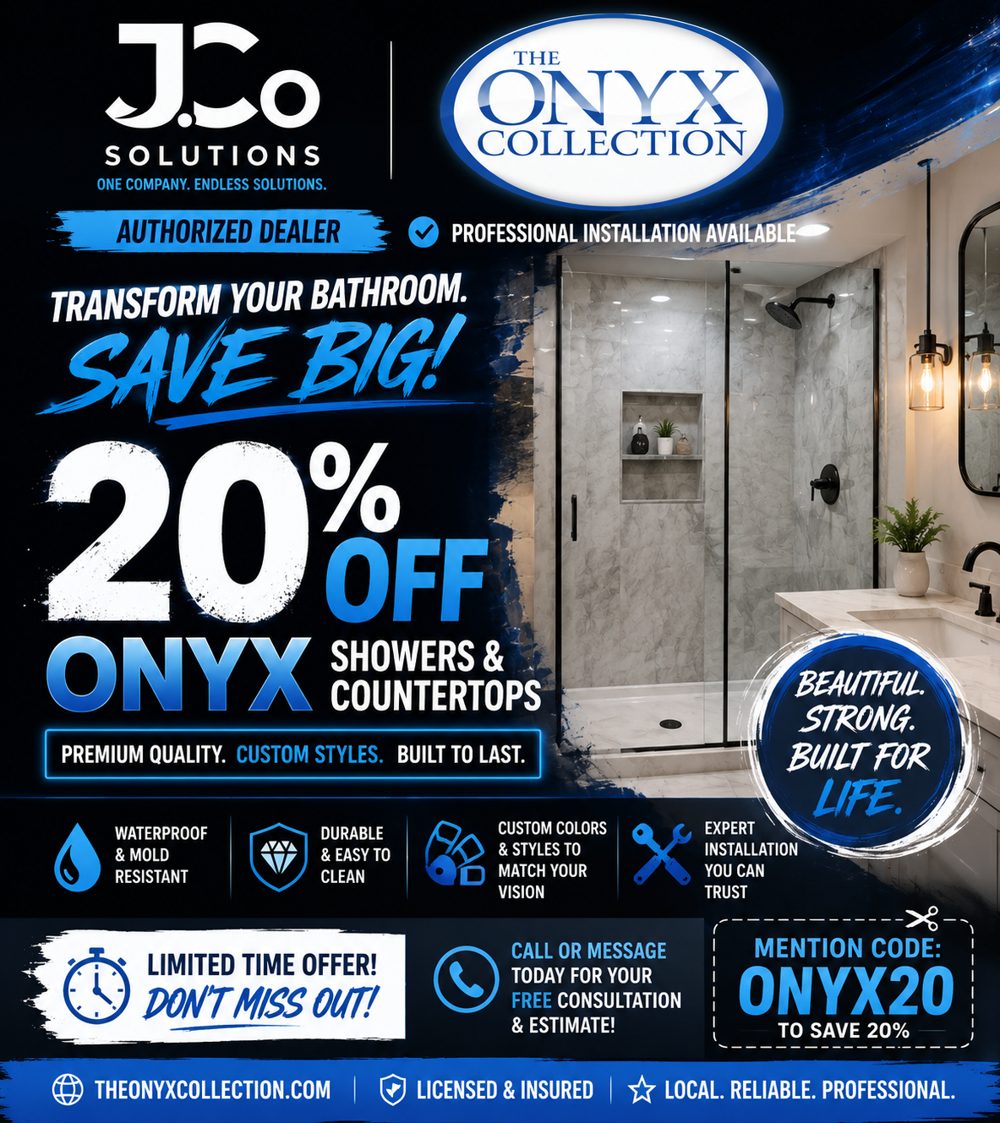 J.Co Solutions promo: 20% off Onyx Collection showers and countertops, mention code ONYX20